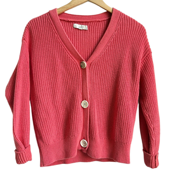 LOFT Sweaters - Loft Coral Punchy Pink bright 100% cotton Button-Up Cardigan